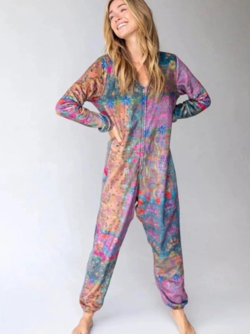 Natural Life Sleep Onesie XS Plush Fleece Zip Up Pajamas Floral Boho